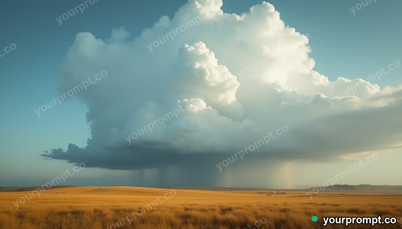 A thunderhead towering over golden plains in ethereal long-exposure style — AI-generated image from a text prompt