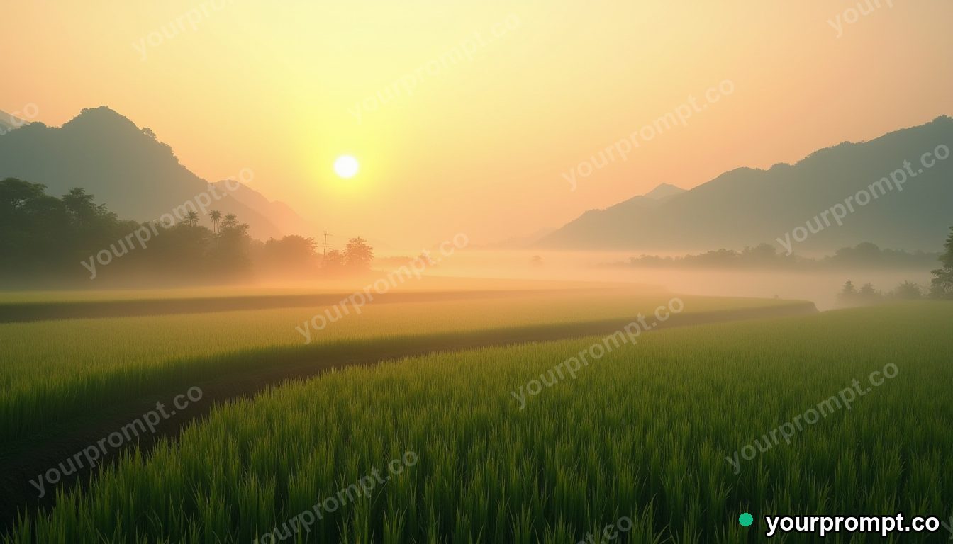 A misty rice terrace at sunrise in photorealistic style — AI-generated image from a text prompt