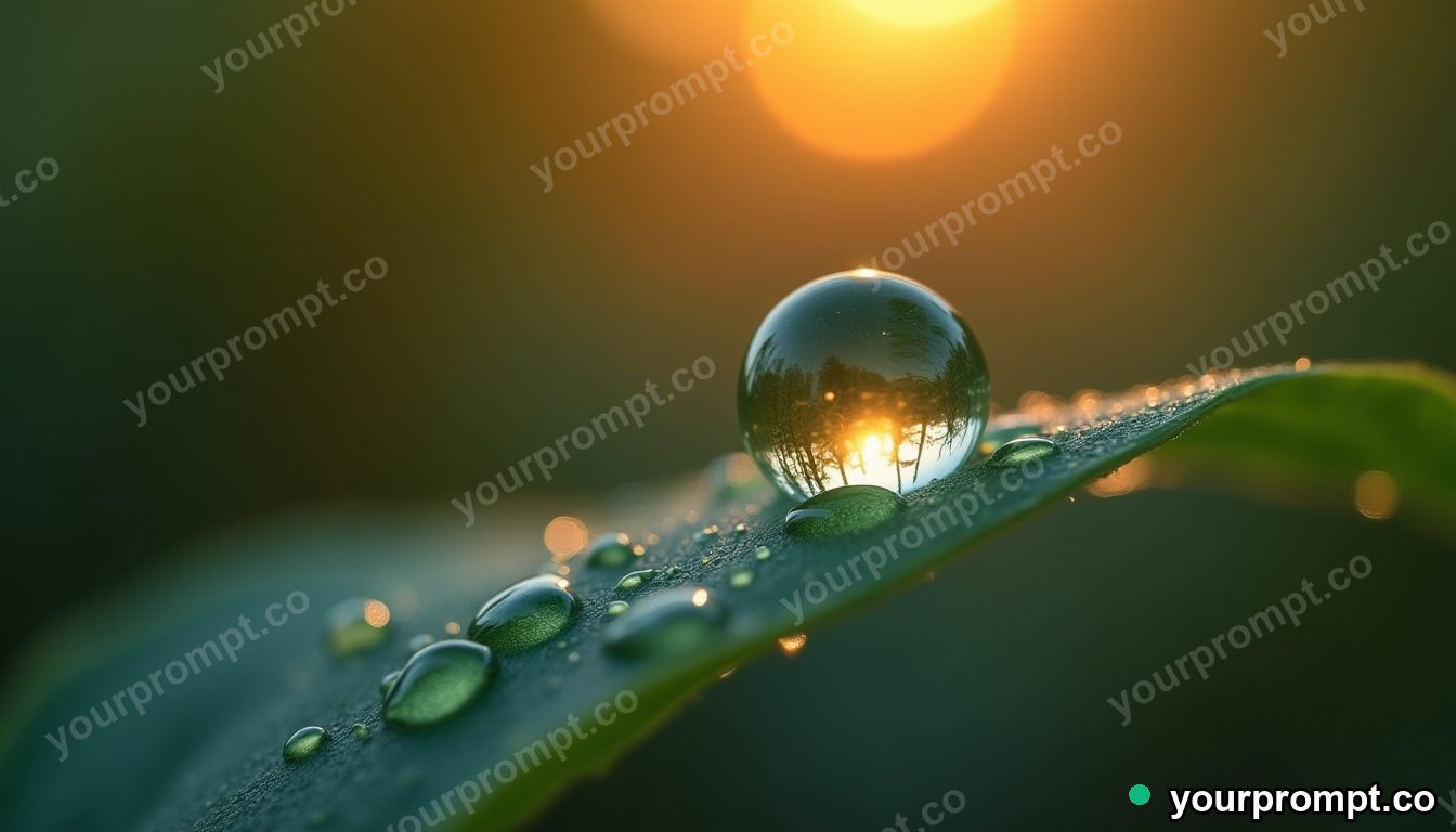 A water droplet on a leaf tip with a sunrise reflected inside in extreme macro photograph style — AI-generated image from a text prompt