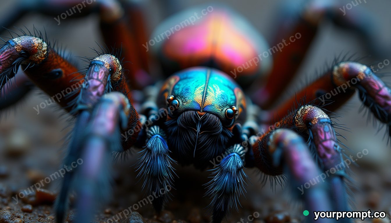 A peacock spider's iridescent patterned abdomen in extreme macro photograph style — AI-generated image from a text prompt