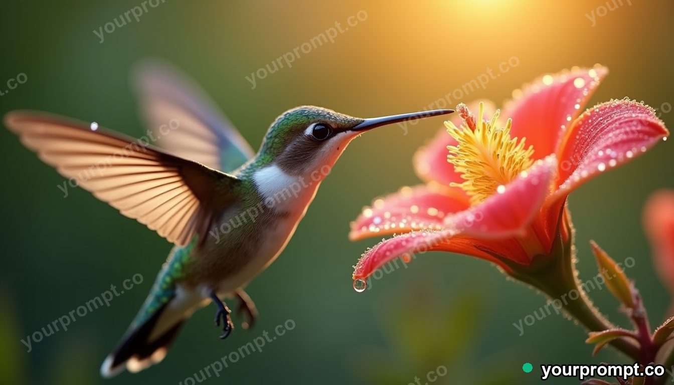 A hummingbird hovering by a glowing dewy flower in extreme macro photograph style — AI-generated image from a text prompt