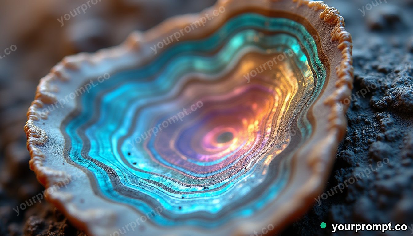An abalone shell's rainbow inner surface in extreme macro photograph style — AI-generated image from a text prompt