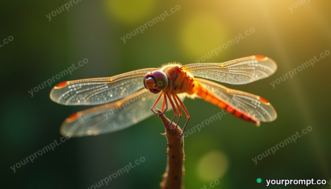 A dragonfly perched with translucent shimmering wings in extreme macro photograph style — AI-generated image from a text prompt
