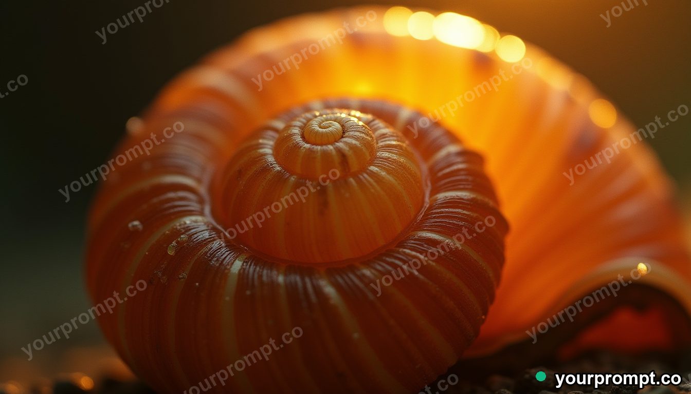 A snail shell spiral catching golden light in extreme macro photograph style — AI-generated image from a text prompt