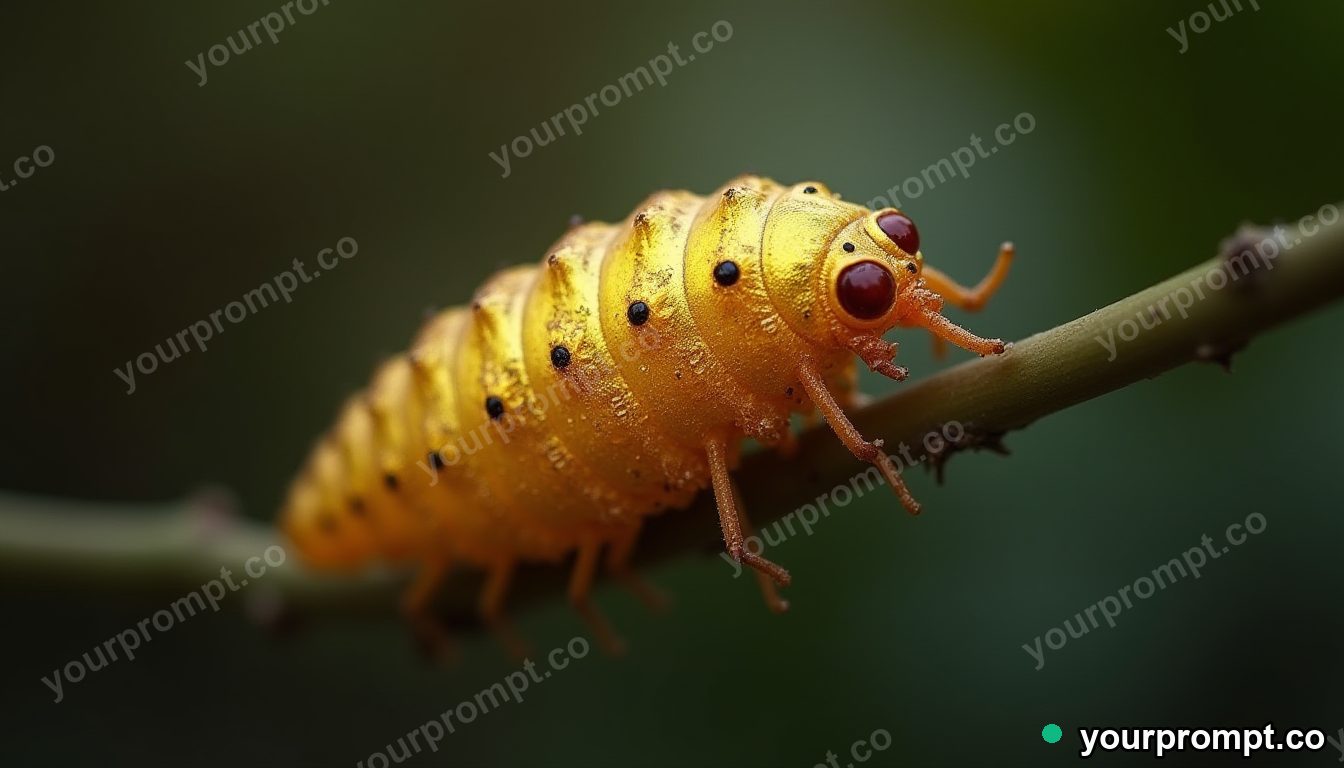 A butterfly chrysalis glinting metallic gold in extreme macro photograph style — AI-generated image from a text prompt