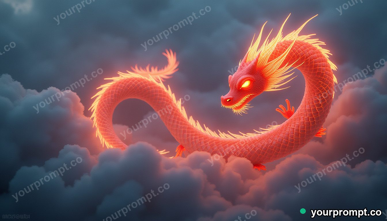 A glowing koi dragon coiling through misty clouds in epic fantasy concept art style — AI-generated image from a text prompt