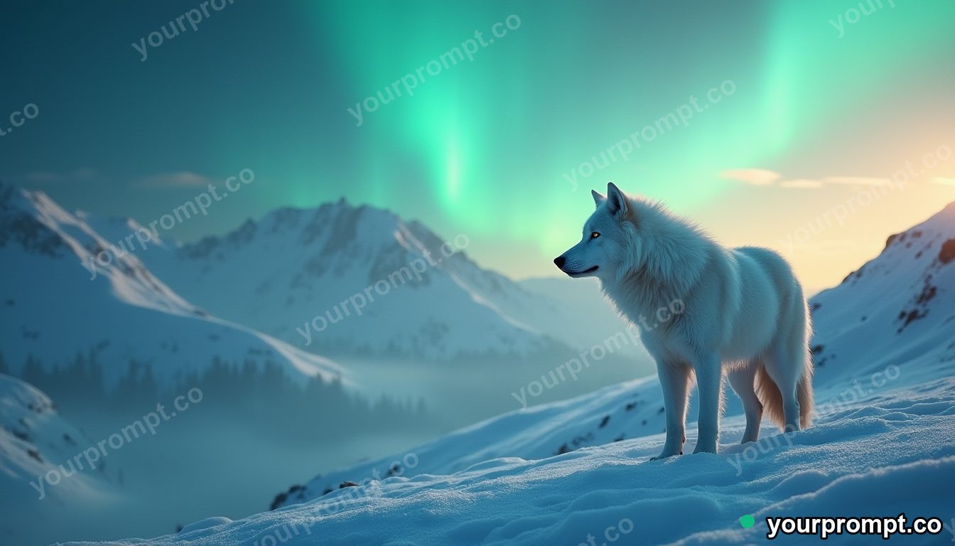 A white wolf on a snowy ridge under the aurora in cinematic film still style — AI-generated image from a text prompt