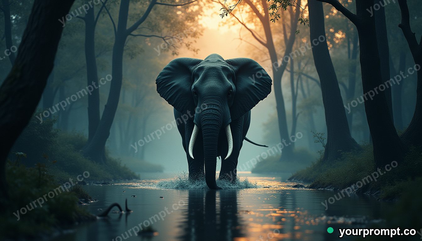 A peaceful elephant walking through a flooded forest at dawn in epic fantasy concept art style — AI-generated image from a text prompt