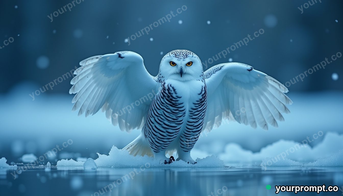 A snowy owl with wings spread over a frozen lake in cinematic film still style — AI-generated image from a text prompt