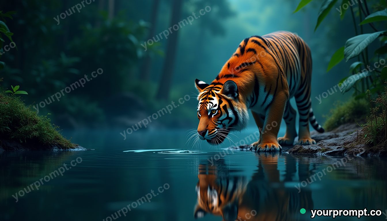 A tiger drinking from a still jungle pool at dawn in matte concept painting style — AI-generated image from a text prompt