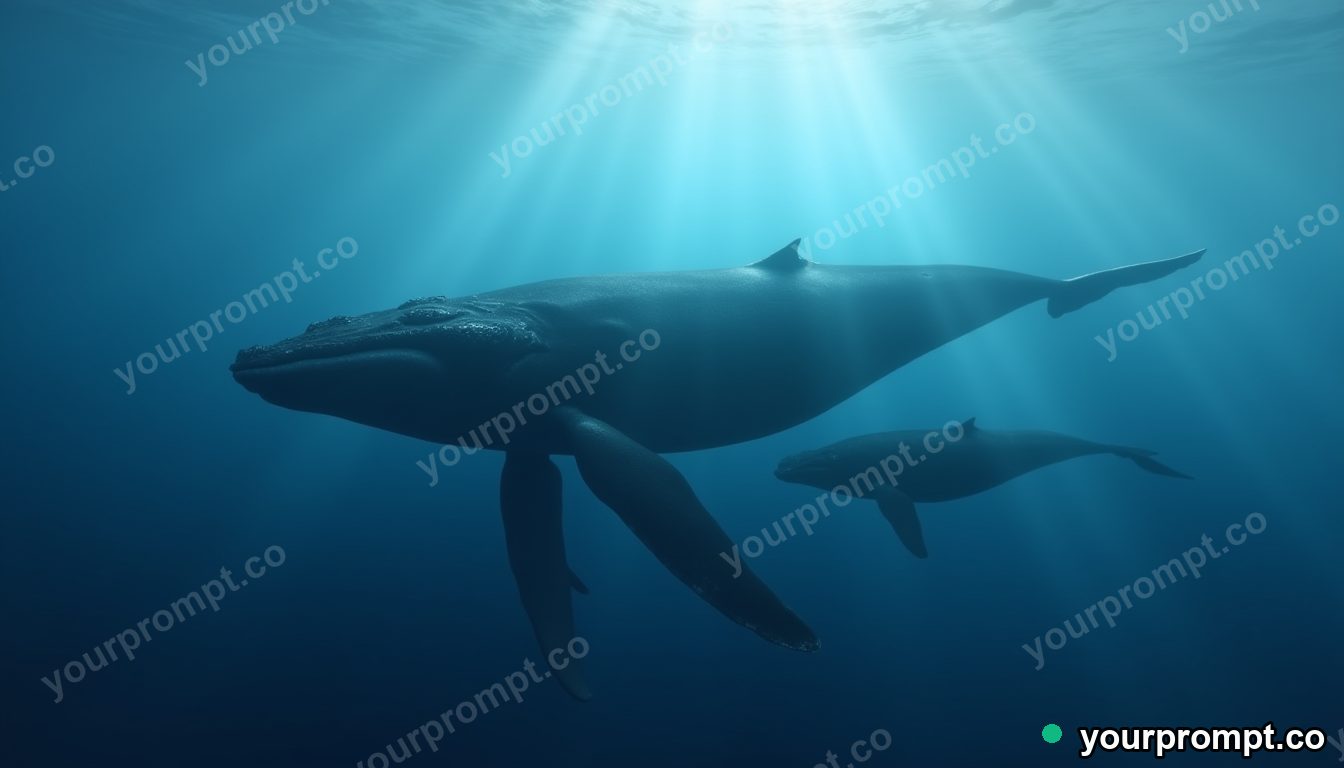 A humpback whale and calf in sunlit blue water in epic fantasy concept art style — AI-generated image from a text prompt
