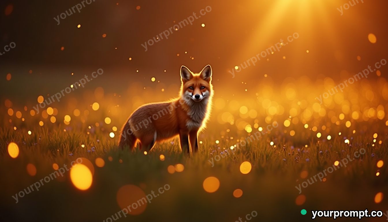 A fox standing in a field of glowing fireflies in cinematic film still style — AI-generated image from a text prompt