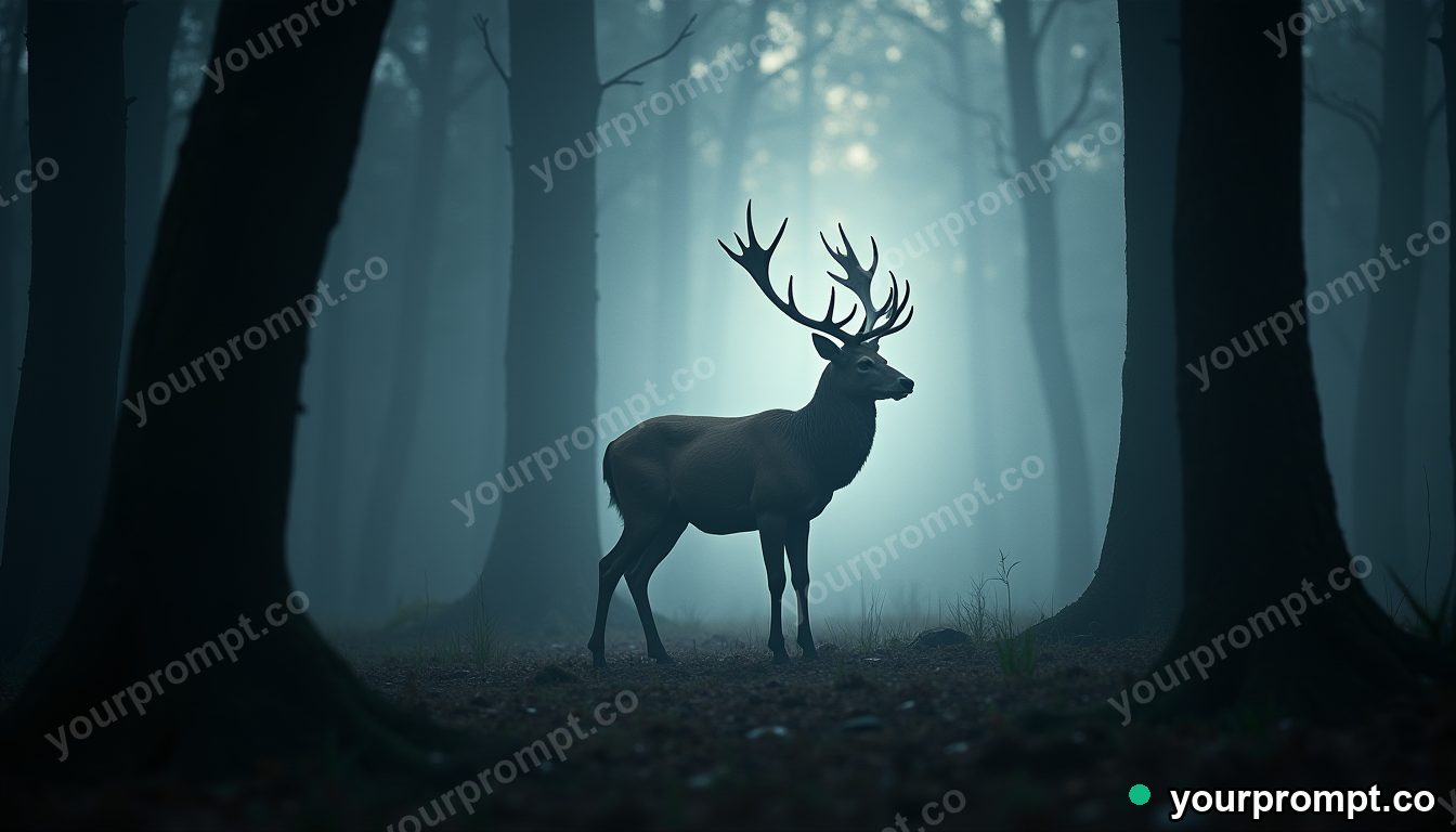 A deer made of soft light in a dark forest clearing in epic fantasy concept art style — AI-generated image from a text prompt