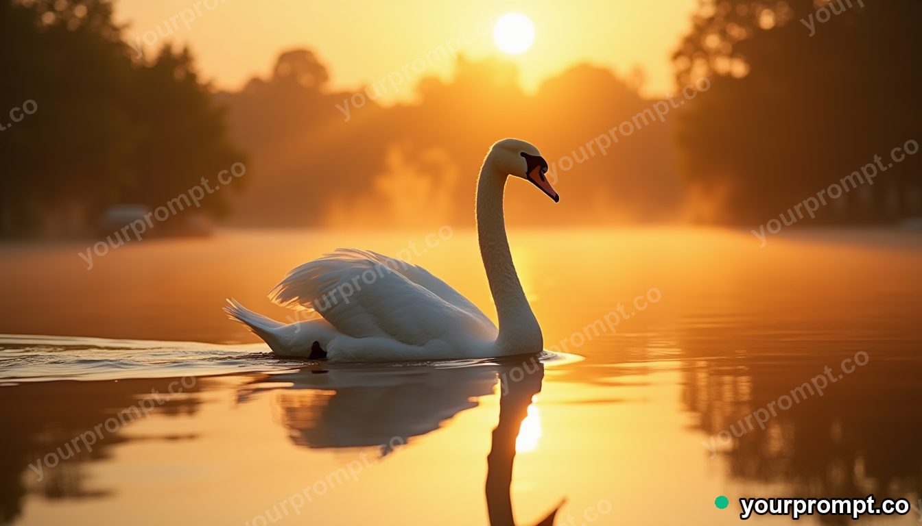 A swan gliding on a mirror lake at golden hour in cinematic film still style — AI-generated image from a text prompt