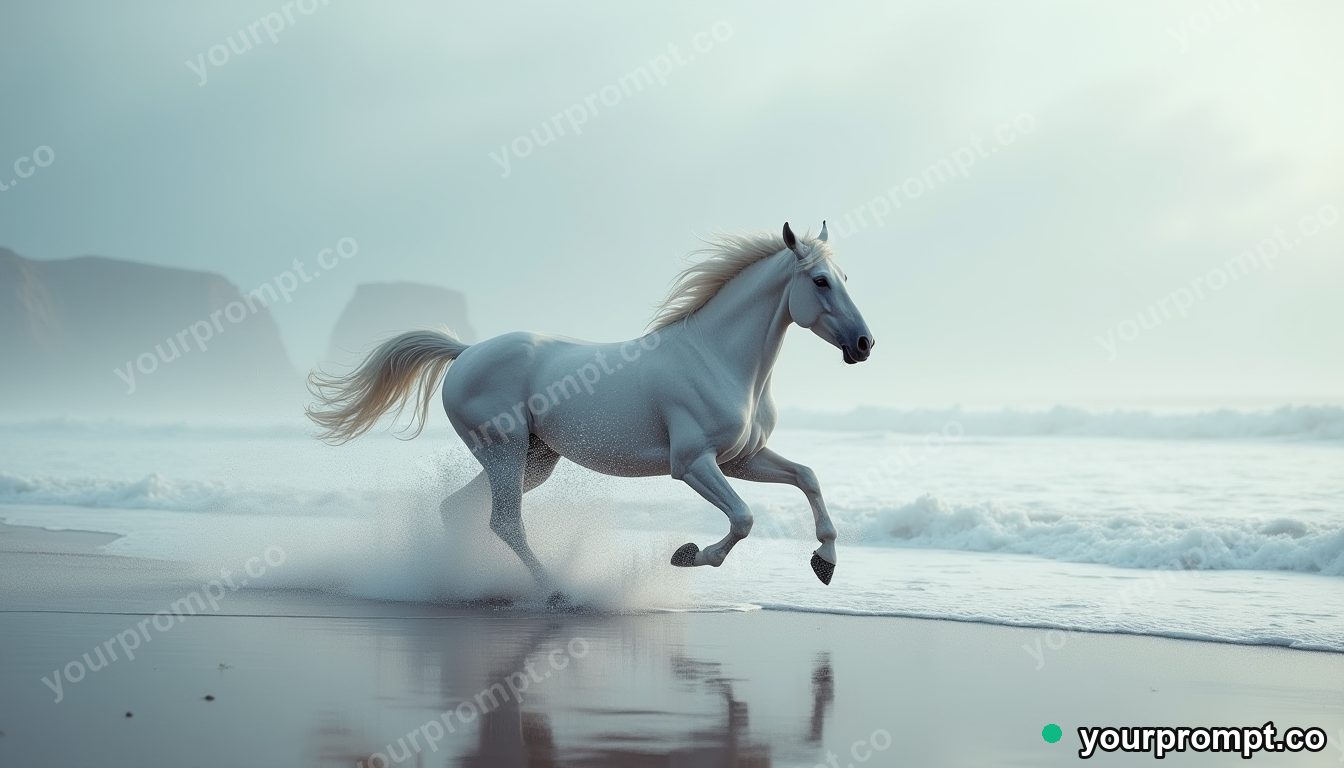 A horse running along a beach through sea spray in matte concept painting style — AI-generated image from a text prompt