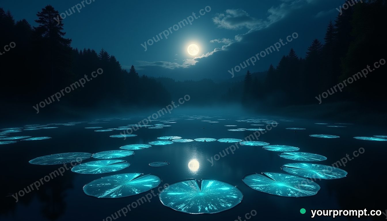 A moonlit pond ringed by glowing lily pads in cinematic film still style — AI-generated image from a text prompt