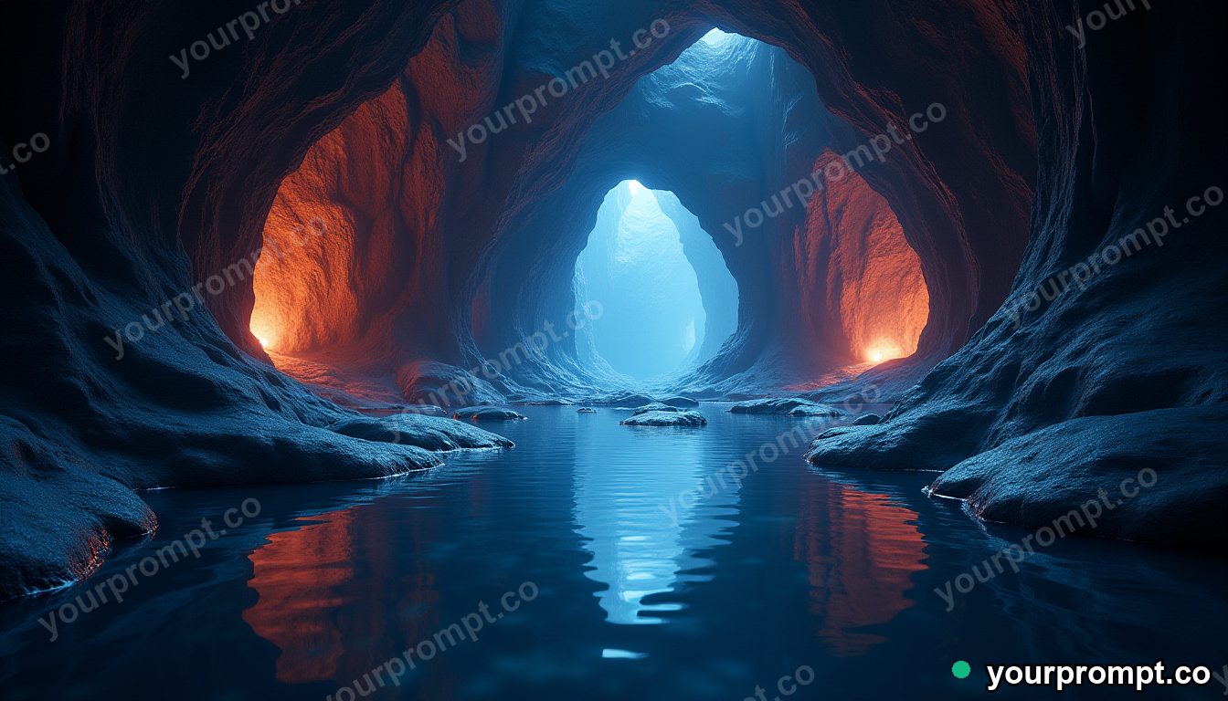 A cave of glowing geodes reflected in still water
