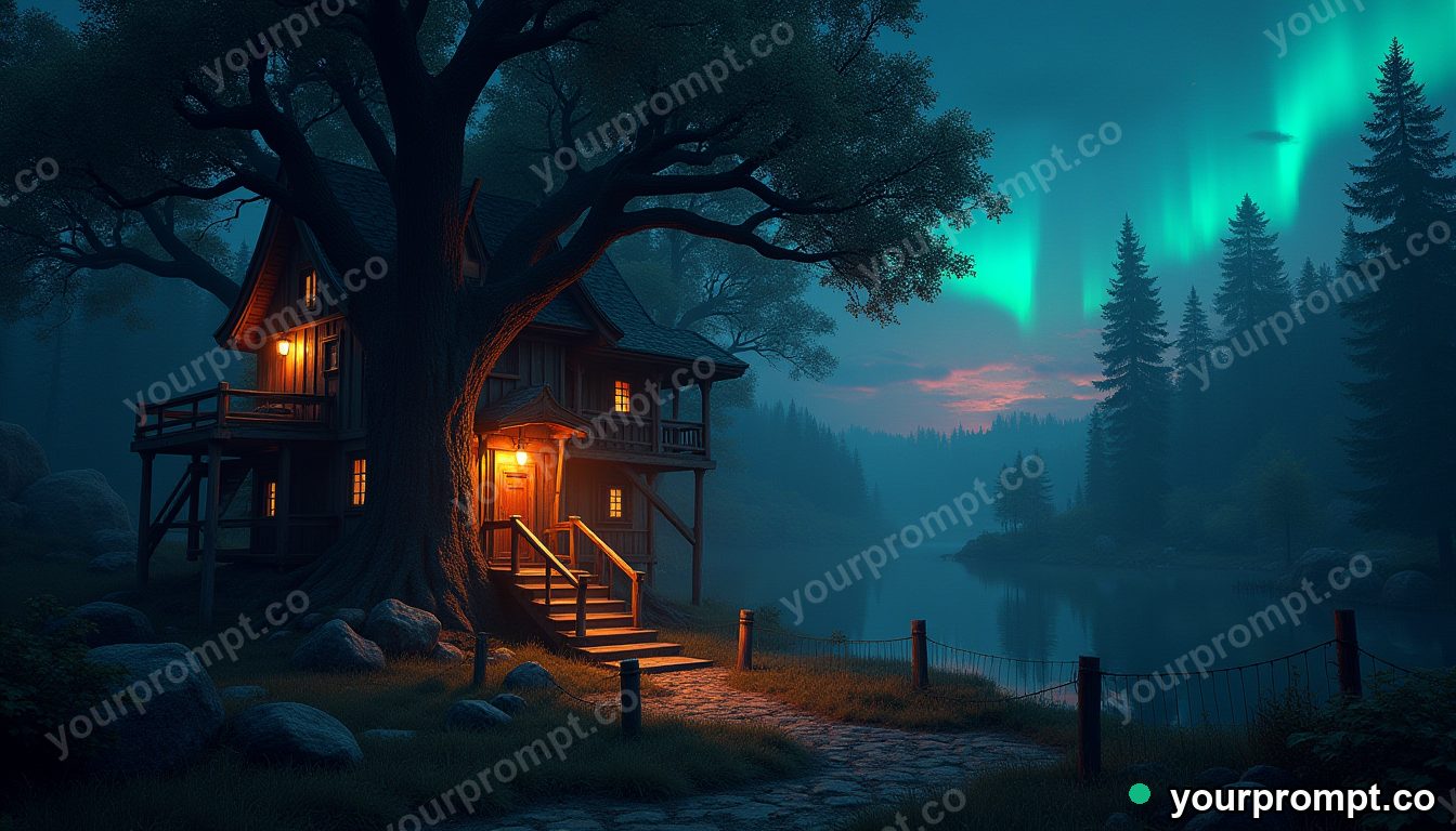 A treehouse village lit by lanterns at dusk