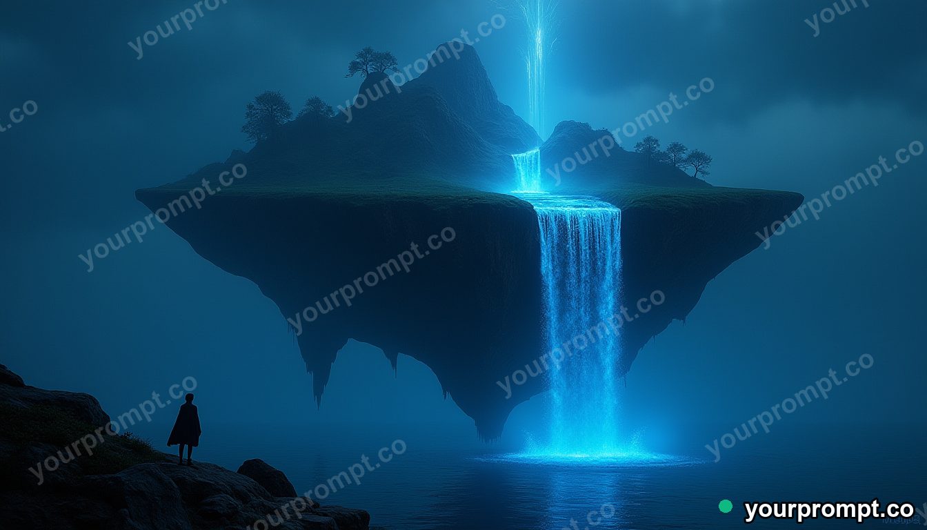 A floating island with a waterfall glowing at night