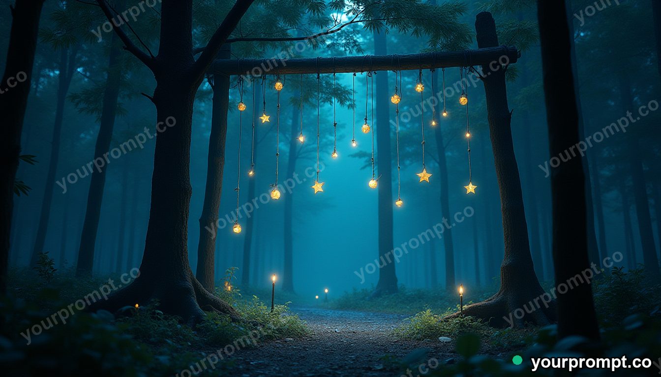 A forest shrine hung with glowing paper charms