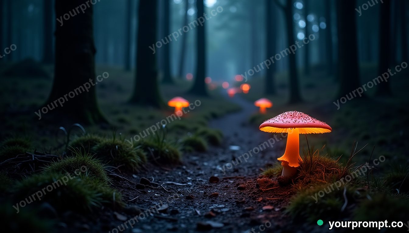 A glowing mushroom path winding through dark woods