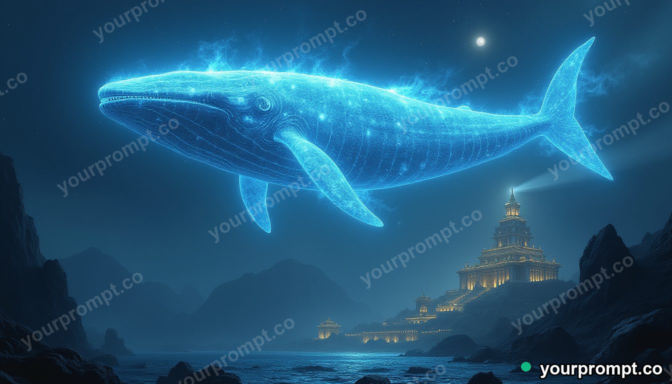 A celestial whale of light above an ancient temple