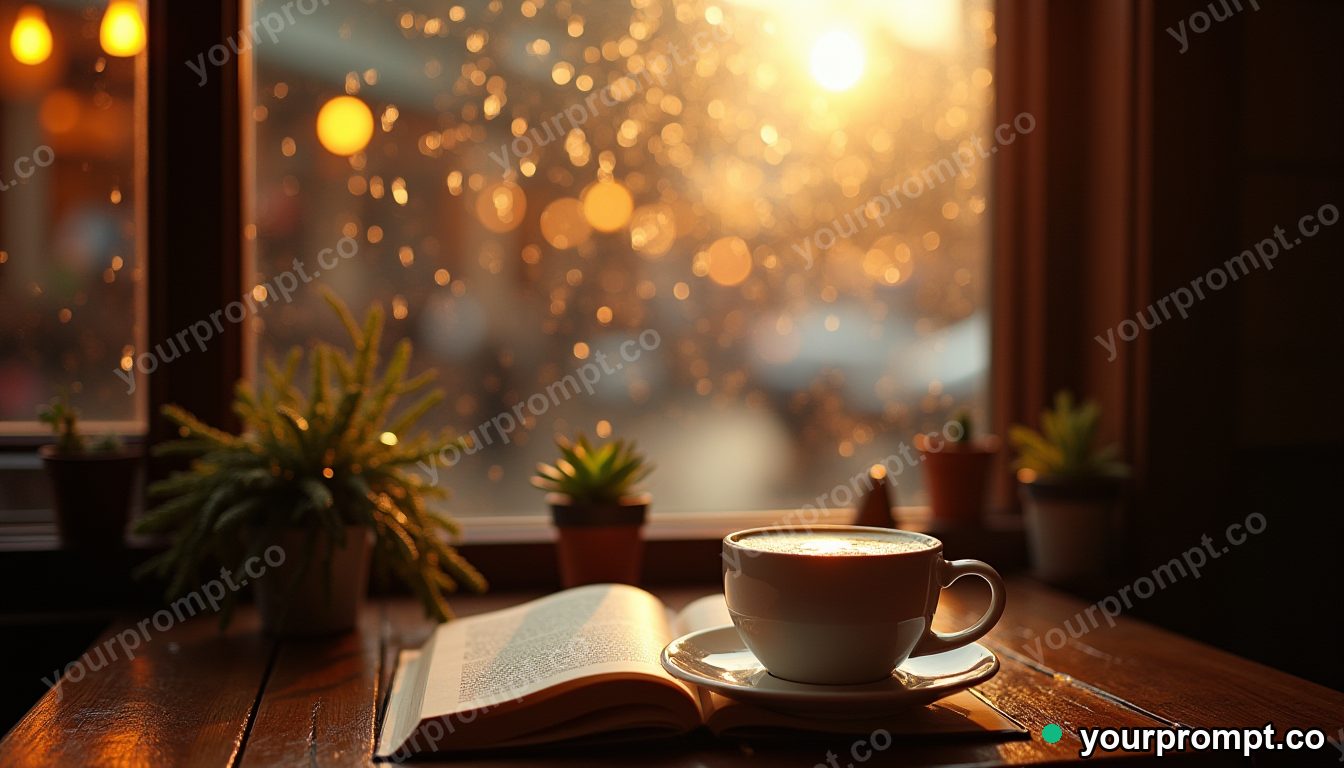 A rainy cafe window with a warm latte and an open book