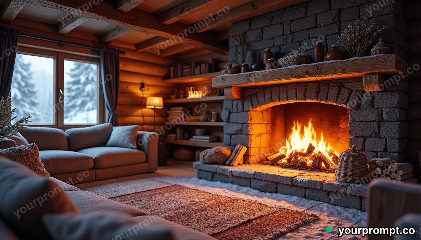 A snowy chalet interior with a roaring fireplace