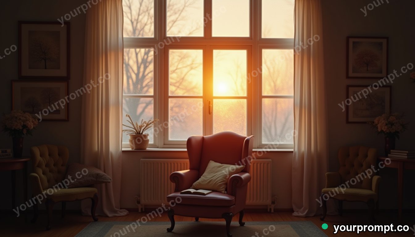 A reading chair by a frosty window at golden hour