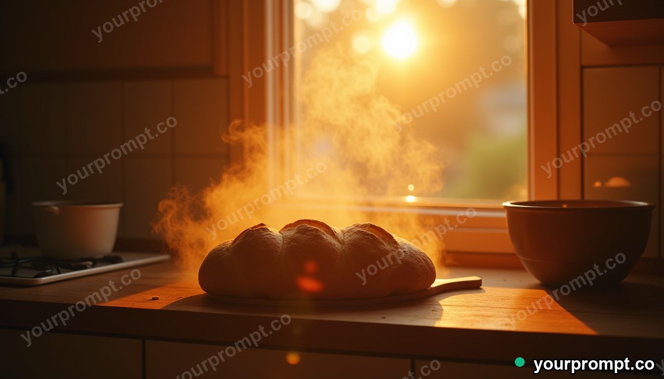 A kitchen with steam rising from fresh bread at dawn