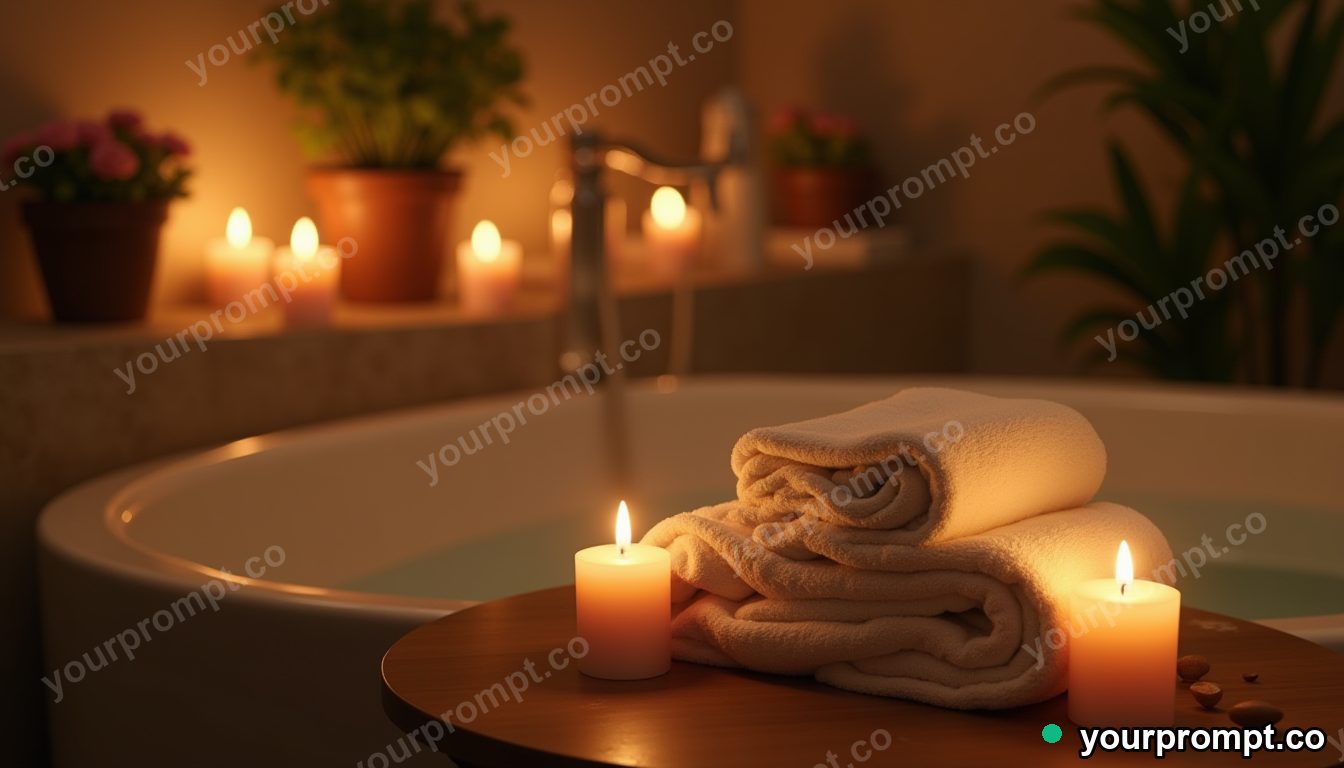 A candlelit bathroom with soft towels and plants