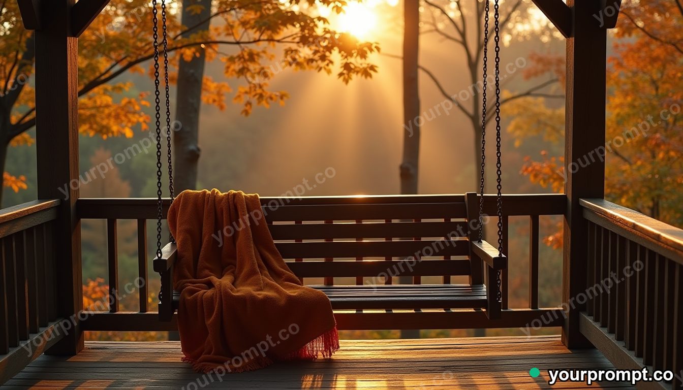 A porch swing with blankets overlooking autumn woods