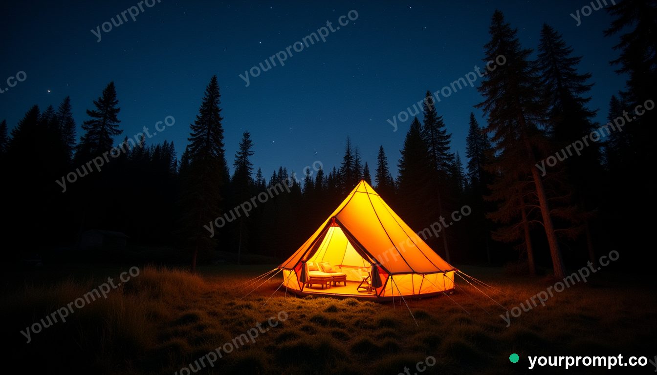 A glowing tent under a starry forest night