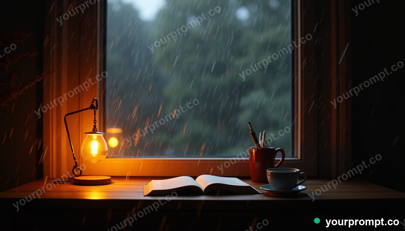 A desk nook with a warm lamp, coffee, and rain outside
