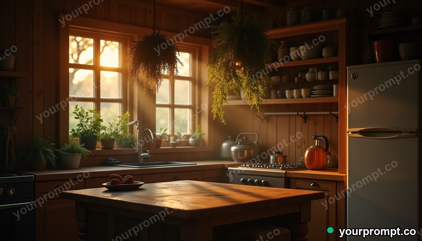A cabin kitchen with hanging herbs and morning light in cinematic film still style — AI-generated image from a text prompt