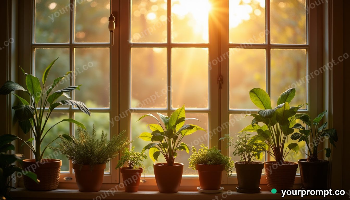 A window full of plants in soft afternoon sun in golden-hour photography style — AI-generated image from a text prompt