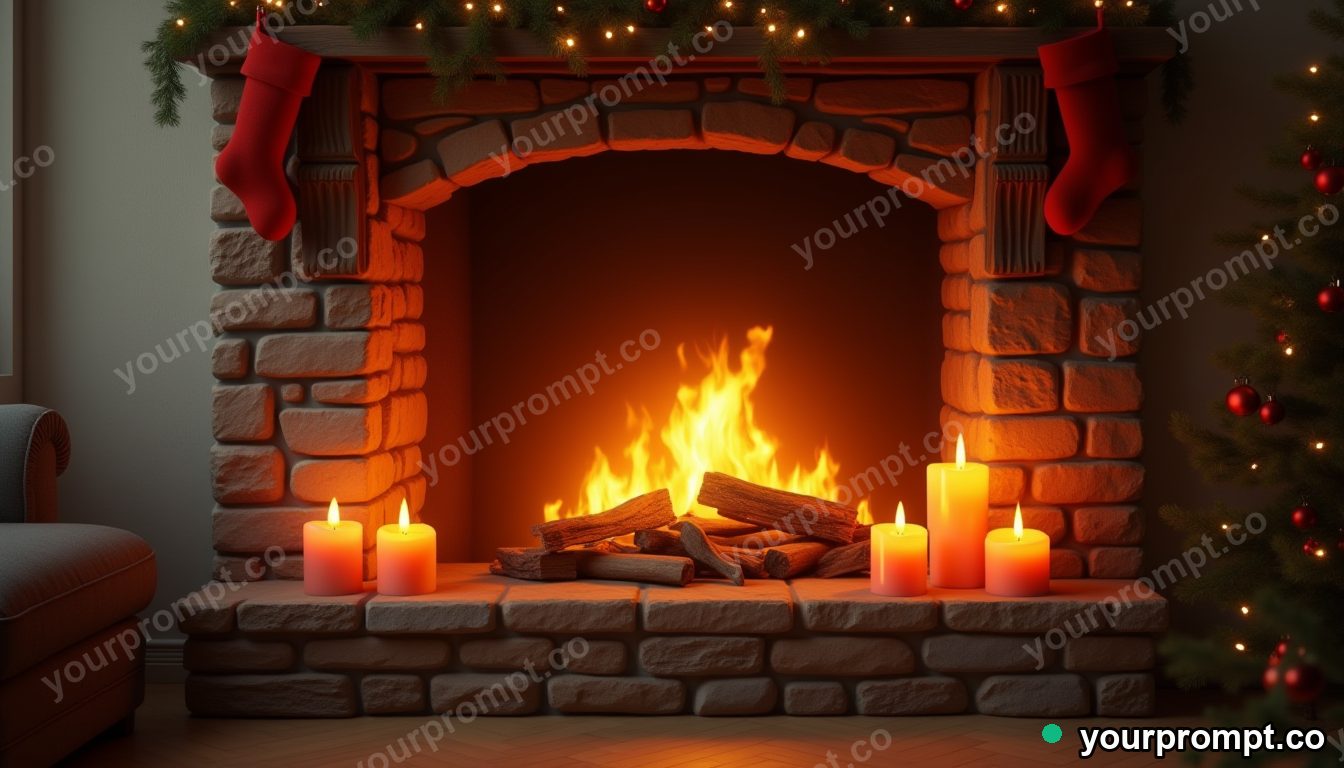 A fireplace mantel with candles and stockings in photorealistic style — AI-generated image from a text prompt
