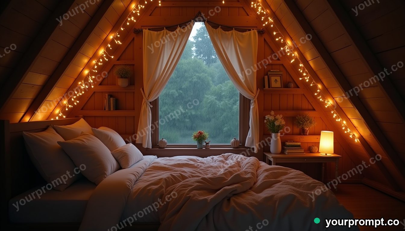 A cozy attic bedroom with fairy lights and rain in cinematic film still style — AI-generated image from a text prompt