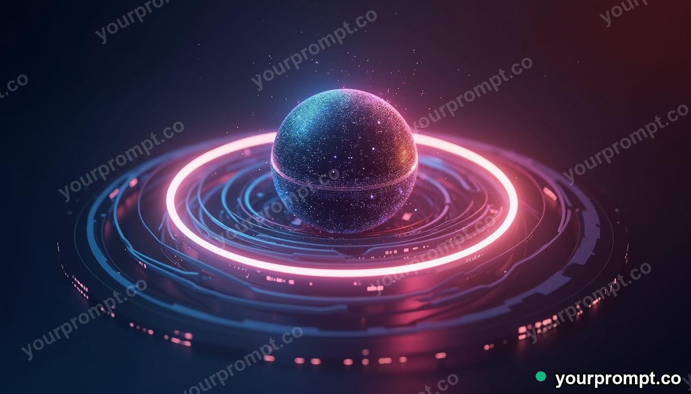 A glowing data sphere wrapped in orbiting light rings