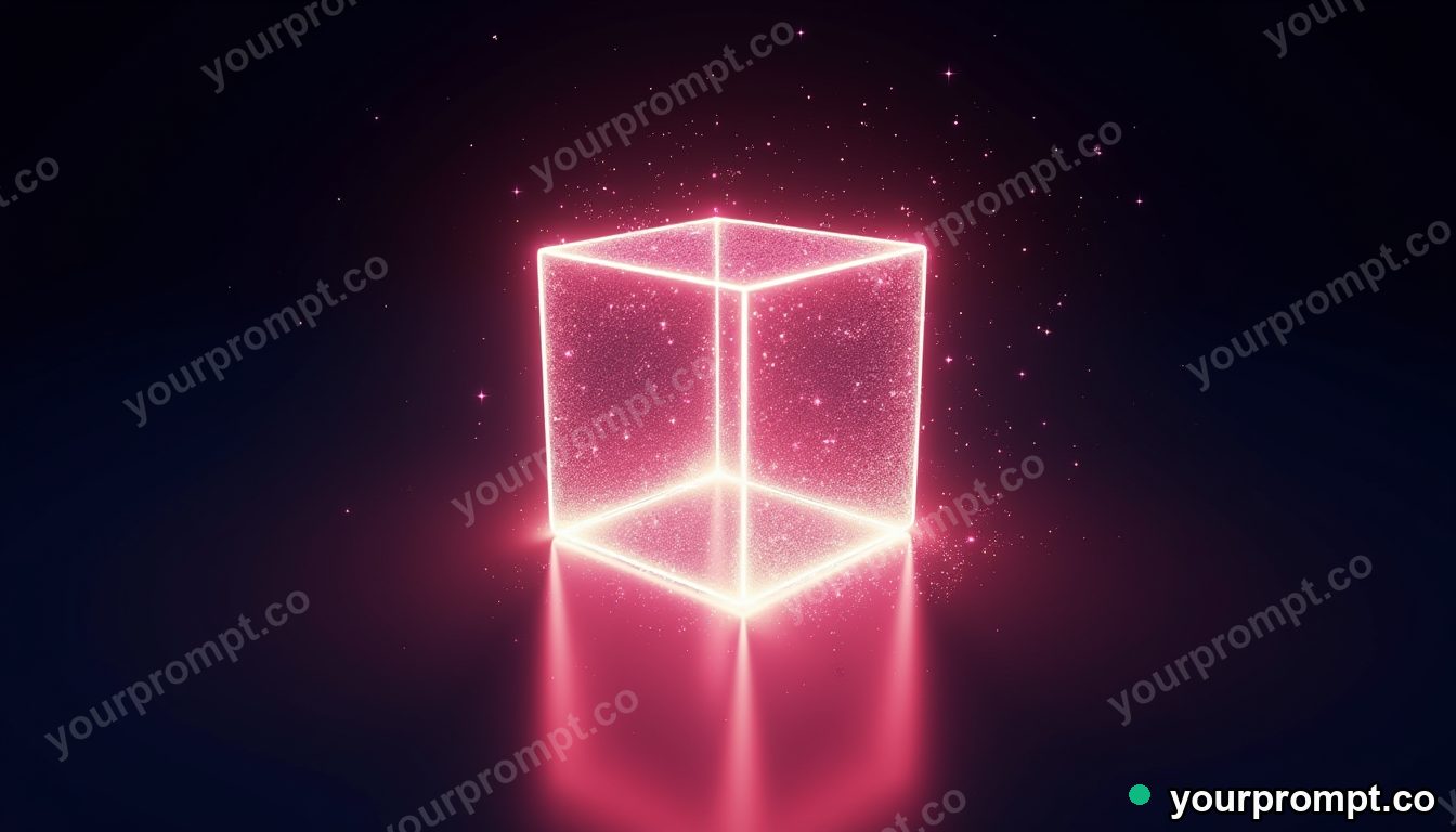 A luminous cube dissolving into particles of light