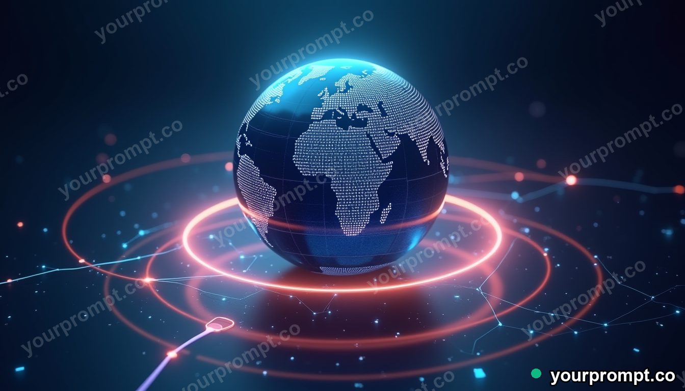 A holographic globe wrapped in glowing connection arcs