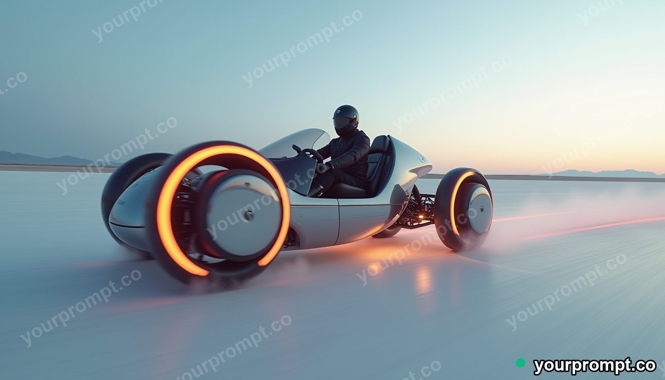 A monowheel racer speeding down a salt flat