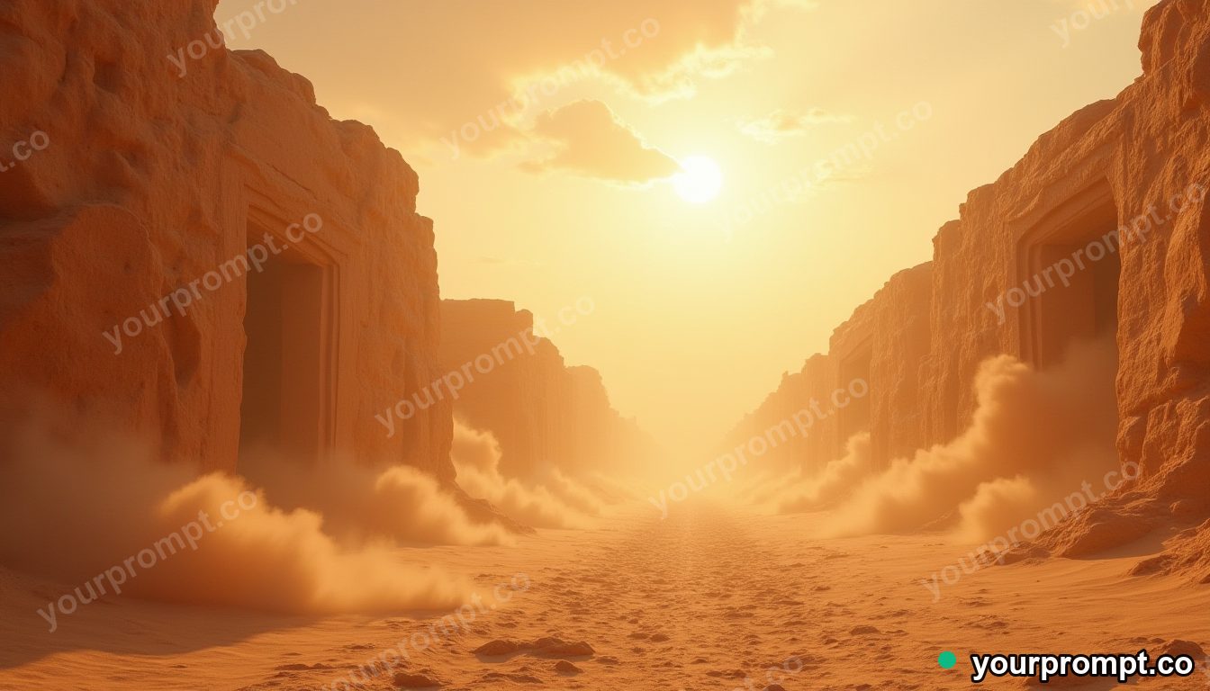 A sandstorm wall rolling toward an ancient city