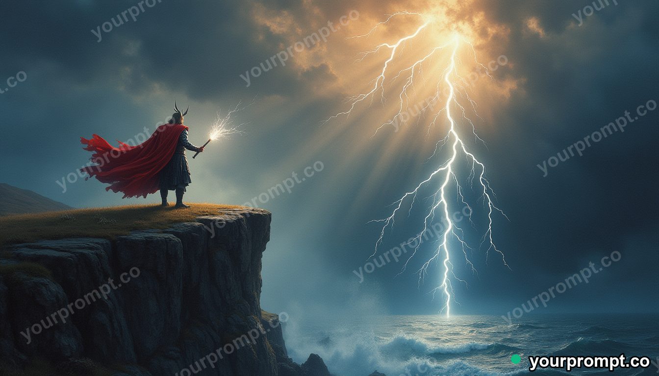 Thor summoning lightning on a stormy cliff