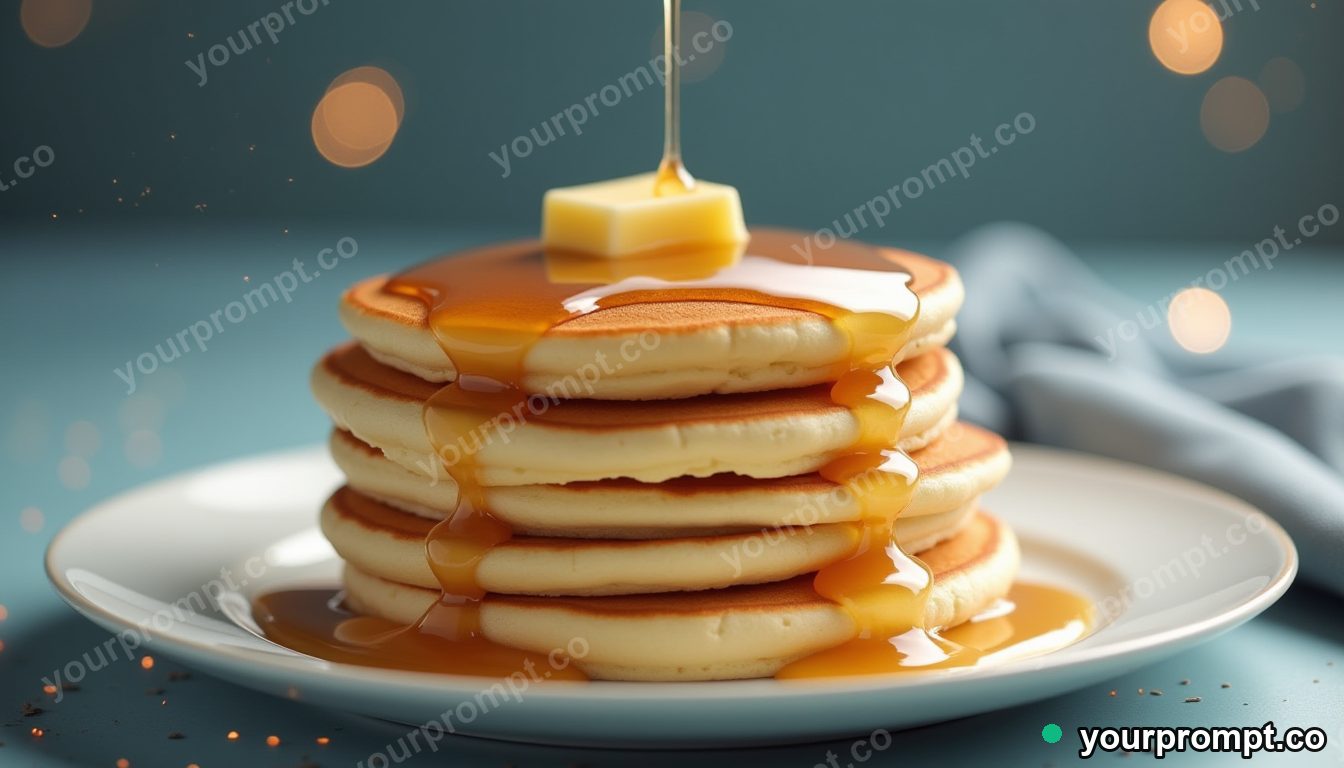 A stack of fluffy pancakes with melting butter and syrup