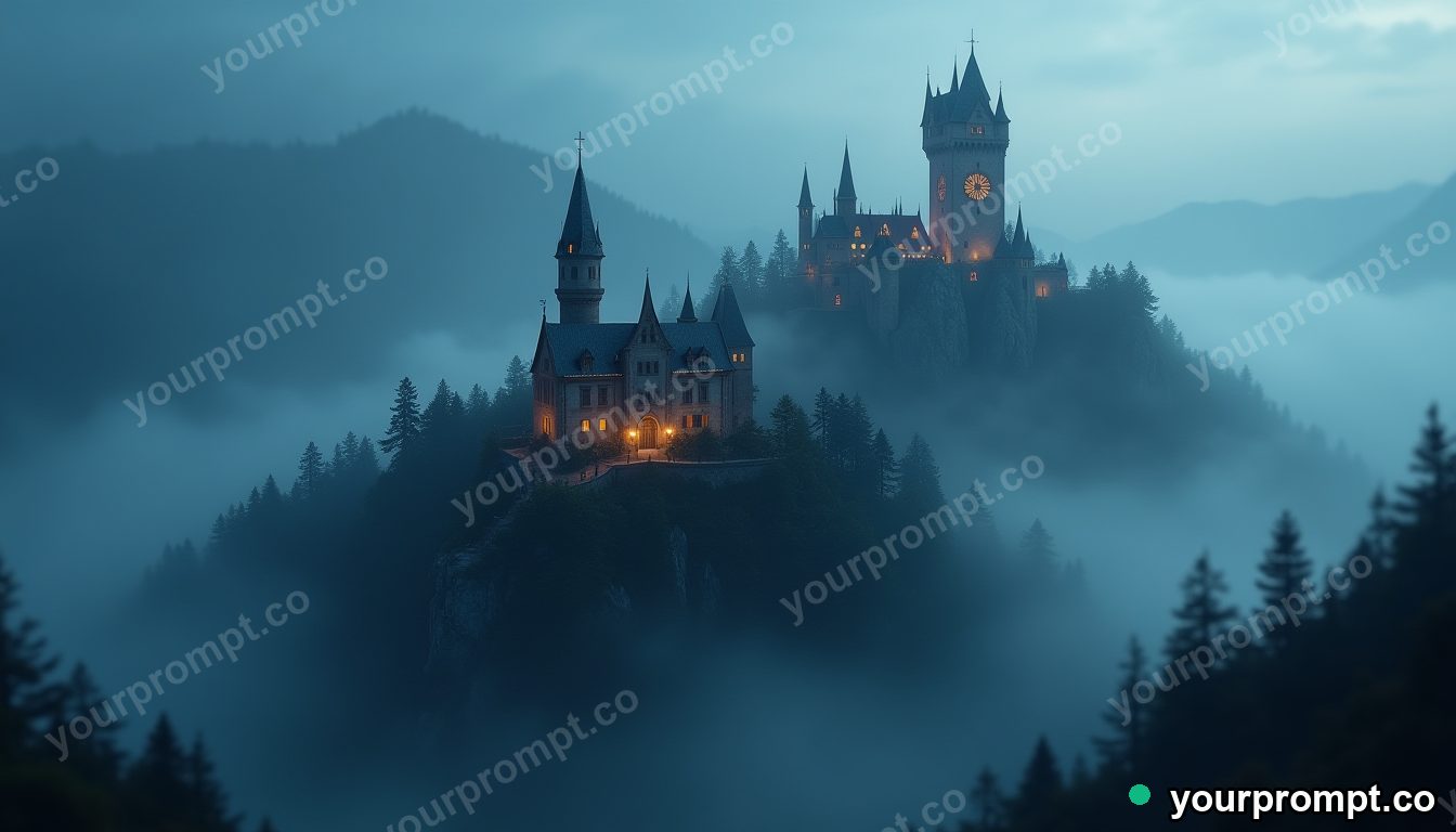 A medieval castle on a foggy mountain peak