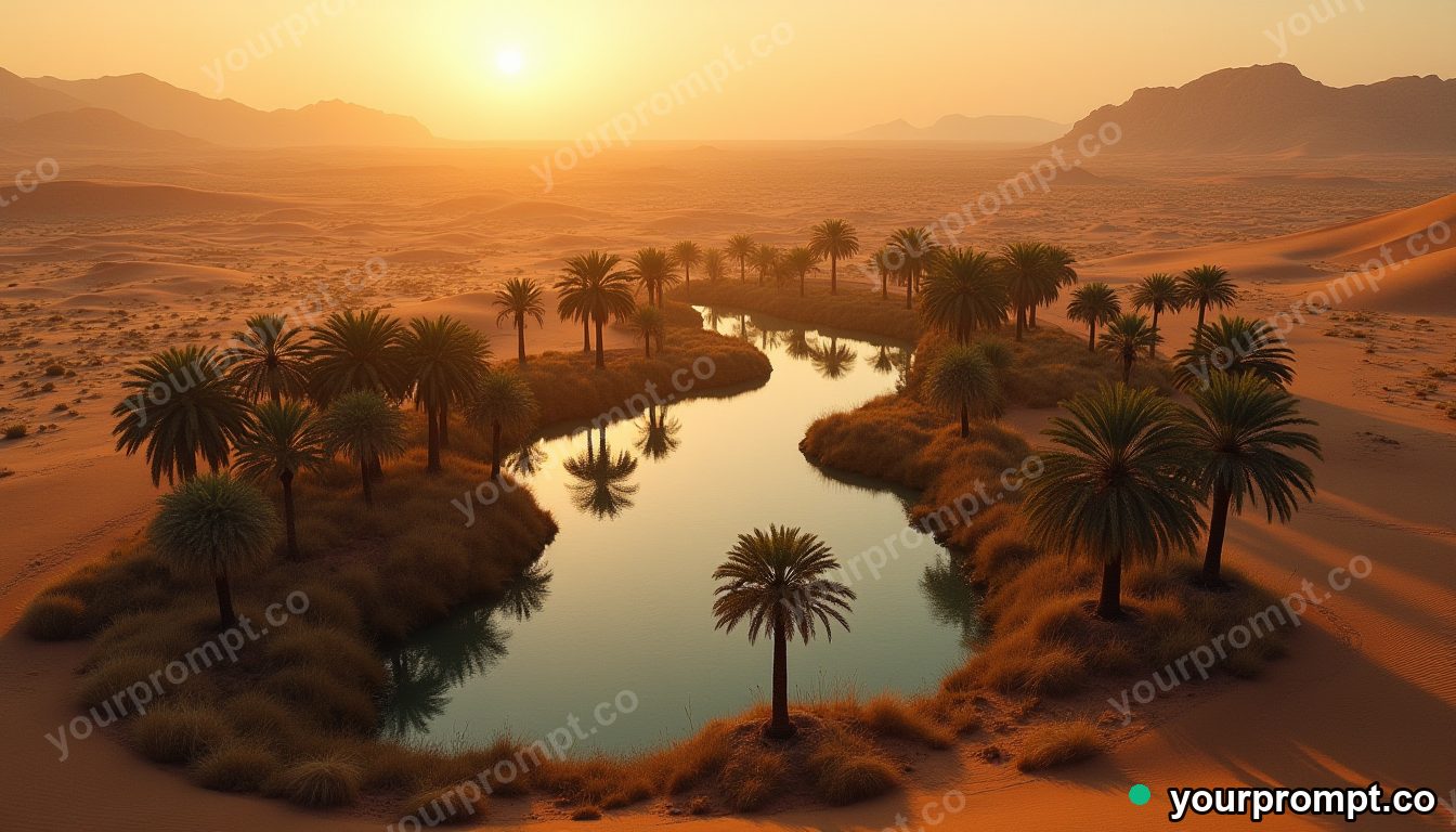 An aerial view of a desert oasis with palm clusters
