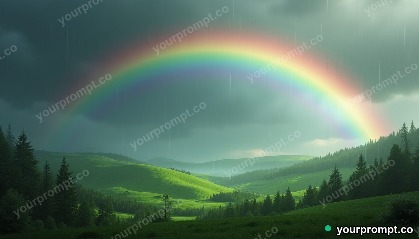 A double rainbow arcing over emerald hills after rain