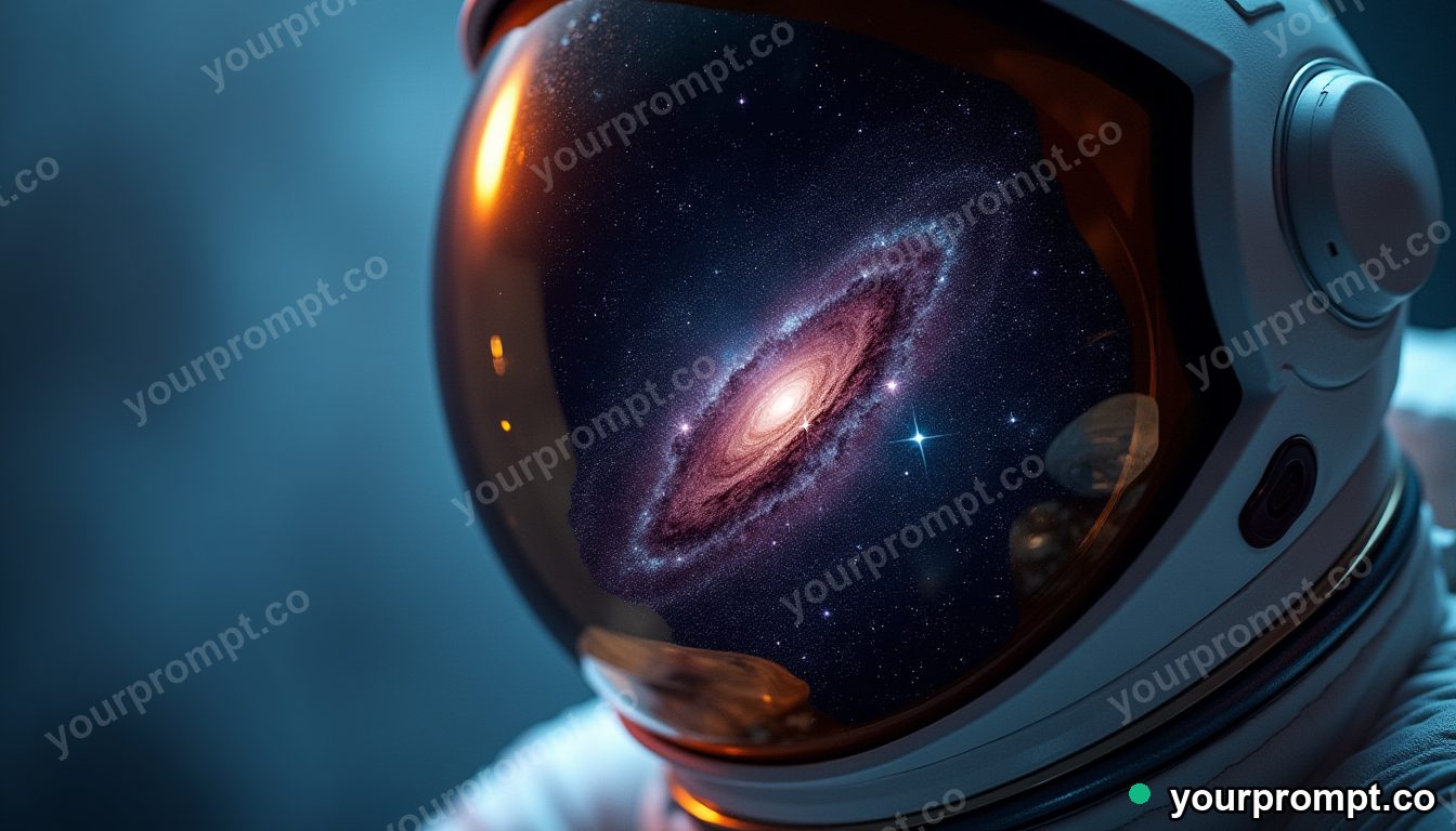 A galaxy reflected in an astronaut's helmet visor