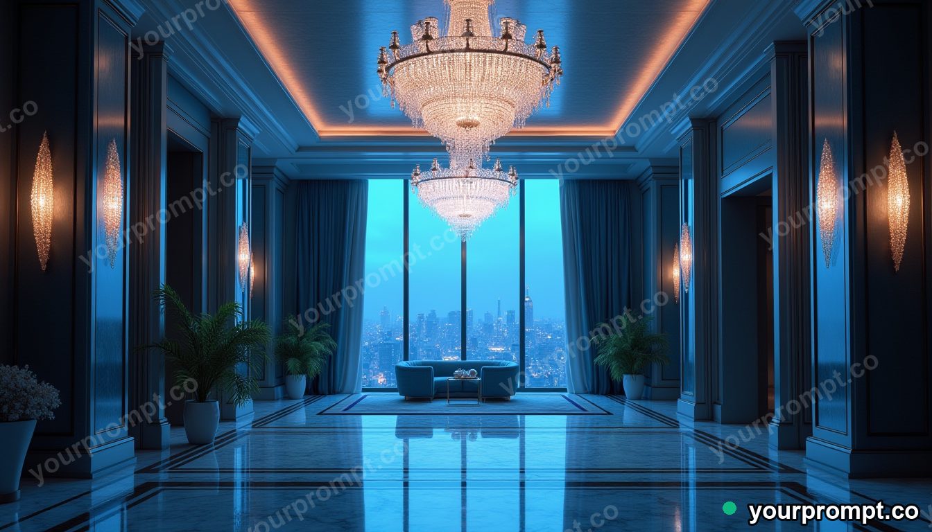 A luxurious hotel lobby with a crystal chandelier